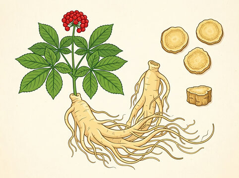 Illustration of ginseng plant with leaves, red berries, and root, including sliced root pieces