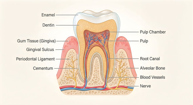 Detailed anatomical diagram of a human tooth structure with labeled parts