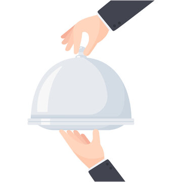 Professional restaurant service elegant hands unveil a gourmet meal from under a gleaming silver cloche