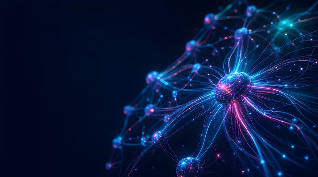 Abstract glowing blue digital network background representing artificial intelligence neurons and synaptic connections in macro view