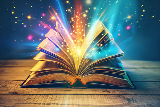 Open book with glowing colorful lights and geometric sparks flying from pages on wooden table, magic learning concept