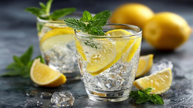 Sparkling lemonade cocktails served in clear glass cups featuring fresh yellow citrus slices and aromatic green mint leaves on ice