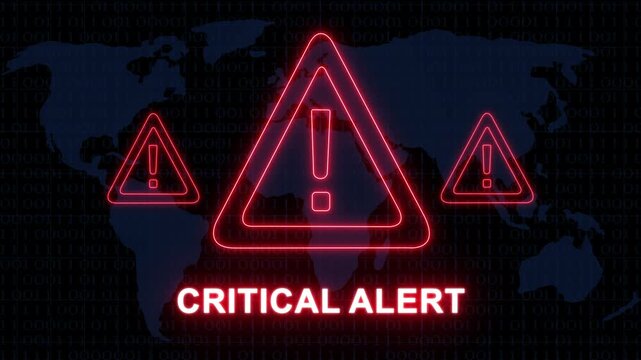 Critical alert warning sign with glowing red neon triangles and digital map background, for cybersecurity breach, notification, global network, security threat, data, privacy risk, and, system failure