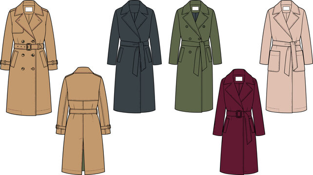 Women Long Trench Coat Fashion Flat Sketches Collection Featuring Belted Double Breasted Jackets Vector Technical Drawing Templates for Fashion Tech Pack Design