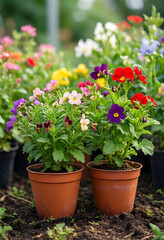 Naklejka premium Spring gardening and horticulture, colorful pansy flowers in plastic pots for home landscaping and backyard decoration in a sunny outdoor garden