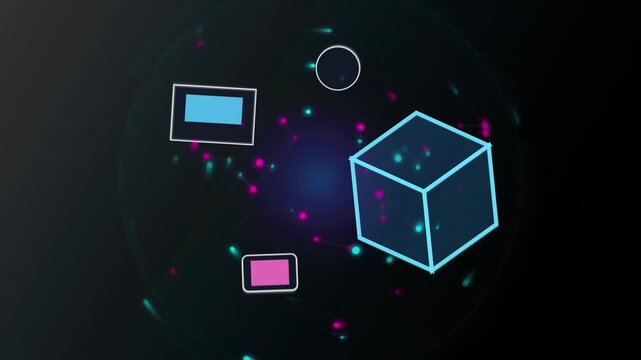 Abstract digital technology concept with 3d cube and glowing network nodes