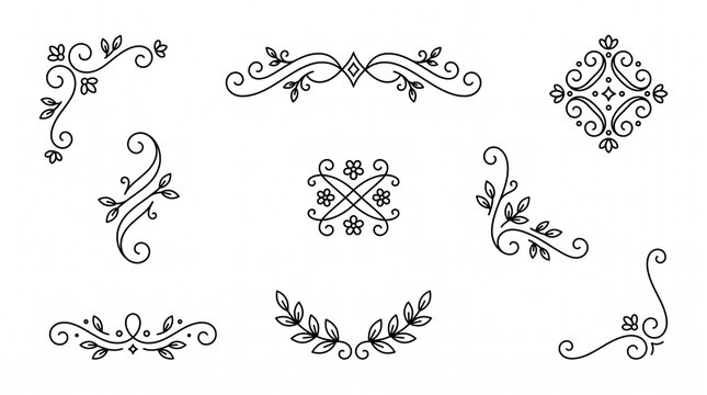 Floral scroll and corner ornament vector set containing swirls flourishes vine dividers and botanical motifs for wedding invitations certificates stationery designs and vintage branding