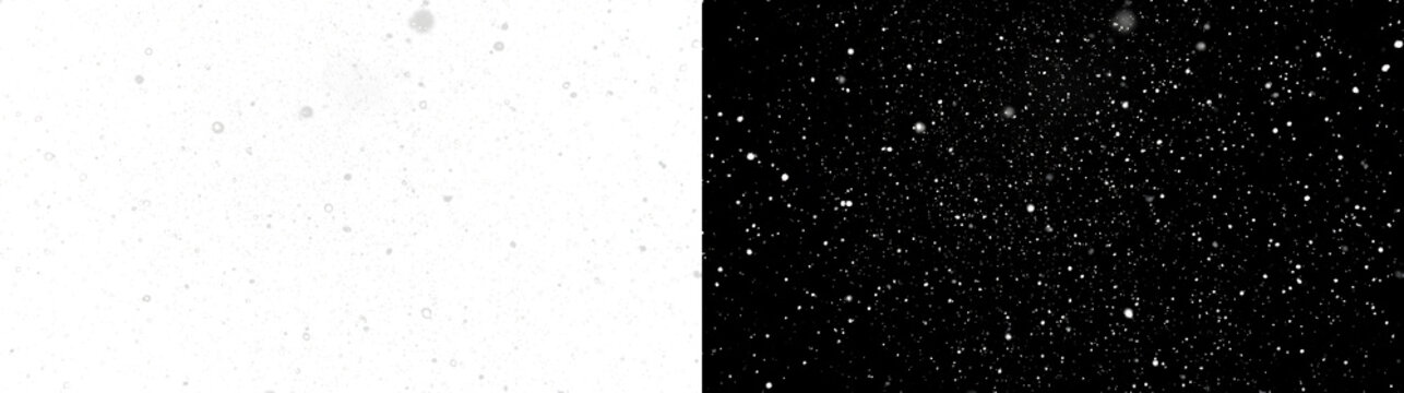 Falling snow effect overlay on transparent and black background. Winter weather digital design element. Seamless snowfall texture, winter weather, snow particles over a transparent pattern