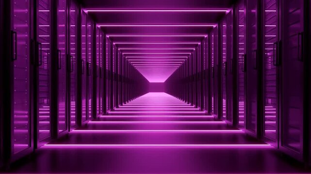 Endless Data Center Server Room Corridor with Glowing Purple Neon Lights