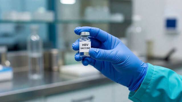 Medical professional holding HBV vaccine vial in laboratory, hepatitis prevention and disease control