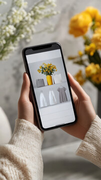 Showcasing Modern Home Decor: A Stylish Phone Display with Floral Arrangements