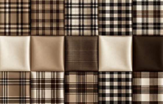 Autumn plaid seamless pattern collection, neutral brown and beige tartan checks  textured backgrounds.