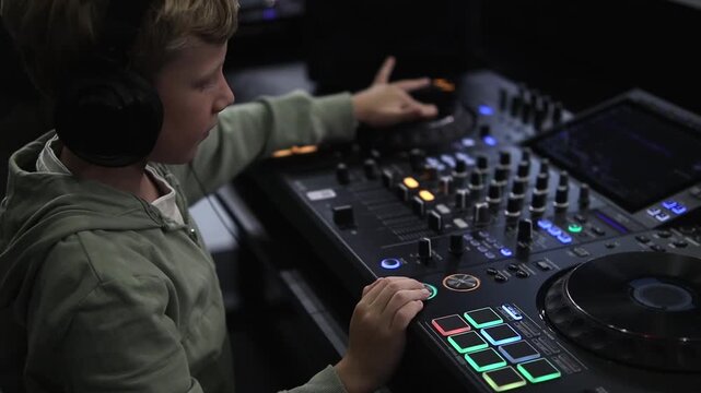 Child DJ wearing headphones mixing tracks on audio console