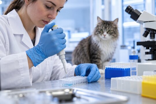 Laboratory technician pipetting feline sample in vet clinic