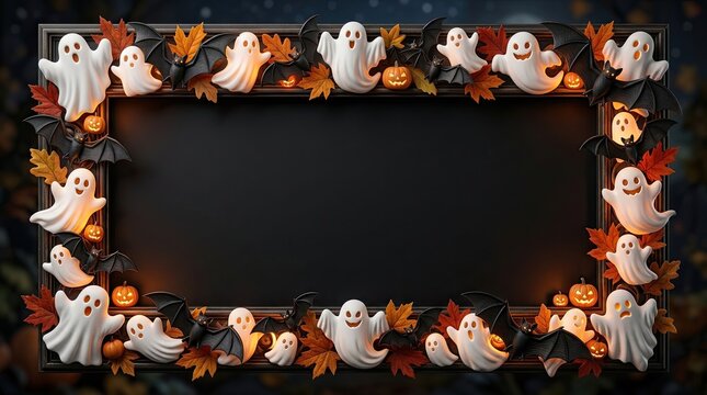 Spooky halloween border frame with cute little white ghosts and autumn leaves around a dark empty black background
