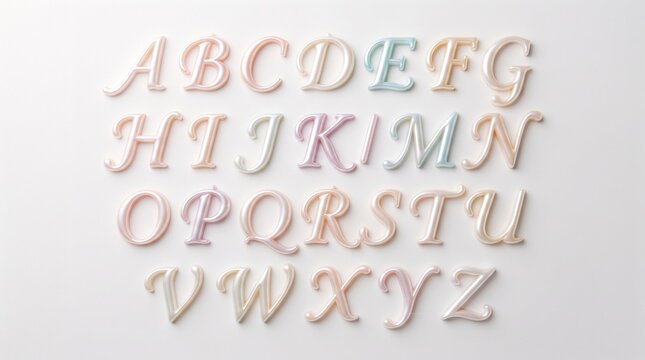 Pearlescent cursive alphabet A-Z. Elegant script letters with an iridescent pearl finish in soft pastel pink, cream, mint, and lavender on a white background.