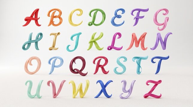 Colorful 3D cursive alphabet A-Z. Smooth, ribbon-like script letters in rainbow colors with soft glossy finish arranged in 4 rows on white. Elegant and playful.