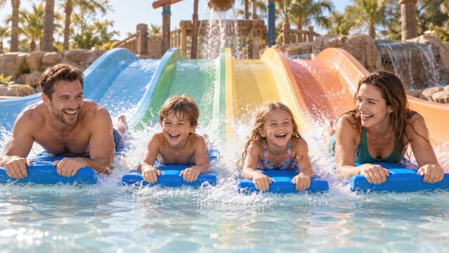 Joyful family racing on water slides at water park