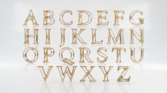 Elegant 3D alphabet A-Z. Crystal letters with gold metallic borders and outlines, arranged in 4 rows on a glossy white background with soft reflections.