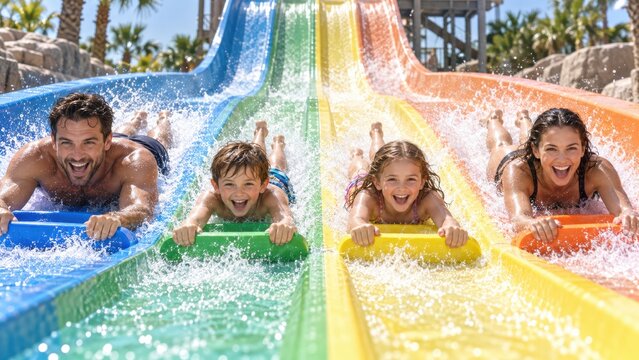 Happy family racing down colorful water slides at a water park