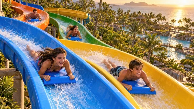 Family racing on colorful water slides at tropical resort sunset