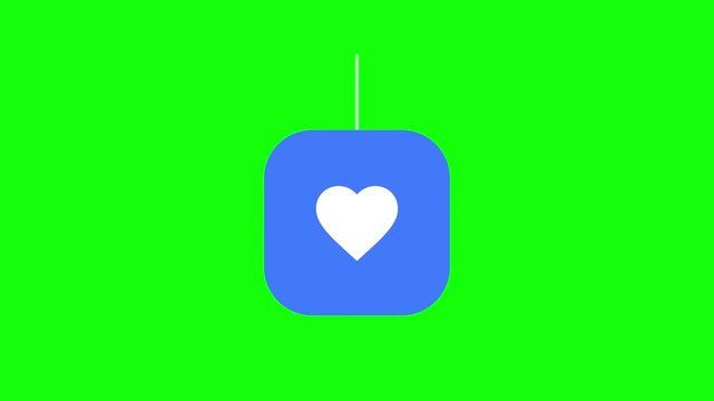 Heart Icon swinging like a pendulum on a rounded square chip, Green Screen Loop Animation