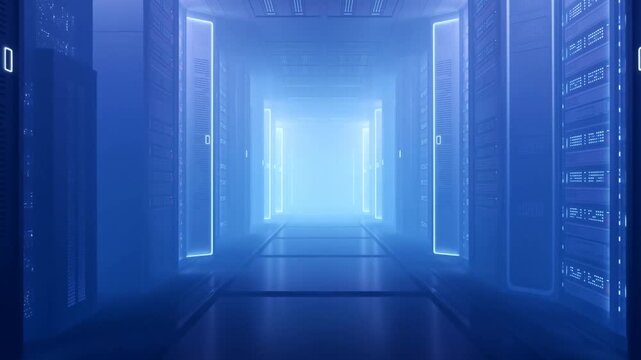 Server racks in blue data center corridor with glowing lights and empty central aisle