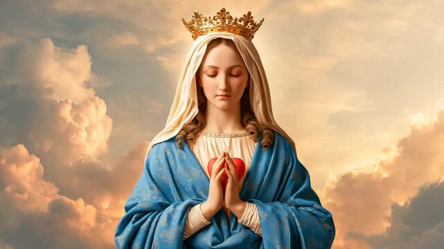 Mother of God Praying in Heaven With Sacred Heart