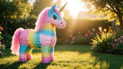 Obraz premium Colorful unicorn pinata stands on green grass in sunny garden. Vibrant rainbow paper decoration for kids birthday party. Whimsical mythical animal toy sits among summer flowers, trees during bright
