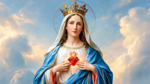 Madonna Praying in Heaven With a Glowing Sacred Heart
