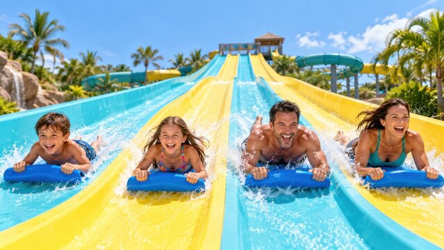 Family racing down colorful water slides at a water park