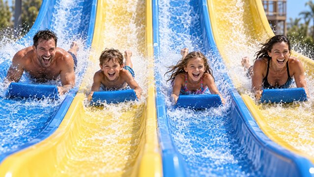 Family racing down blue and yellow water slides on mats