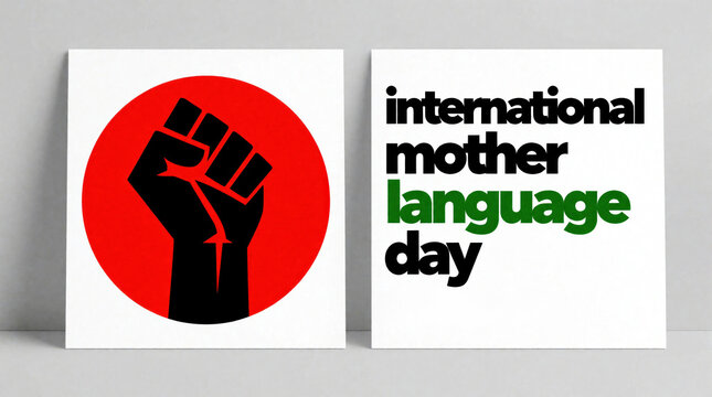 International Mother Language Day graphic design. Black raised fist symbol inside red circle on white background. Bold typography text promotes linguistic diversity, culture. Concept celebrates