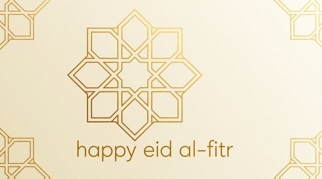 Golden geometric pattern with text greeting Happy Eid al-Fitr. This illustration suits Islamic festival celebration cards or digital invitations for joyous Muslim community gatherings. Offers luxury.