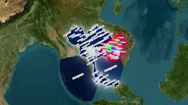 3D Animated Map of Thailand and Cambodia Highlighting Provinces, Borders, and Seas