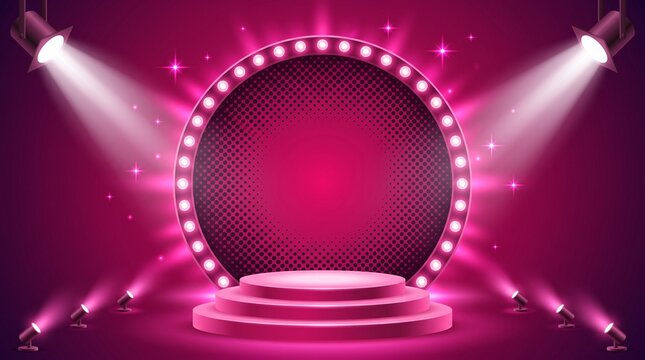 Empty red podium stage with a circular light frame and bright spotlights for a product presentation or award ceremony display