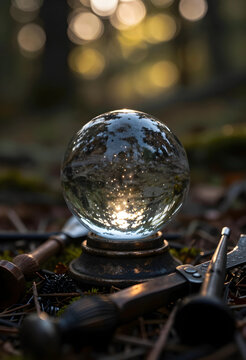Future prediction and divination, crystal ball with mystical tools on forest floor for spiritual guidance and fortune telling in a magical atmosphere