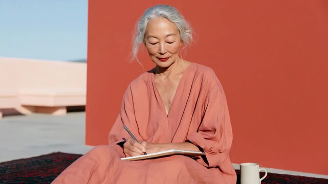 Portrait of a mature woman writing in a journal by a mug against a red wall outdoors for lifestyle background and wellness poster
