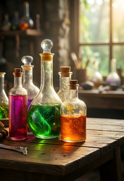 Alchemy and magic potions, glass bottles with colorful glowing liquids on a rustic wooden table in an old apothecary workshop with natural sunlight