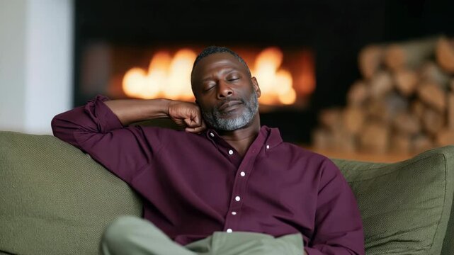 Serene mature man lounging on sofa with roaring fireplace and stacked logs in cozy living room background for wellness ads