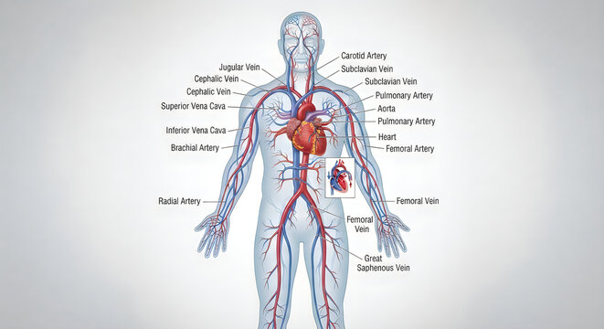 Human circulatory system diagram with labeled veins and arteries