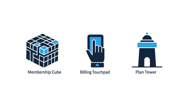 Business and infrastructure icons featuring membership cube and digital plan tower membership touchpoint infrastructure business architecture management interface technology planning