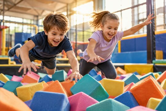 Children jumping into colorful foam pit at indoor playground