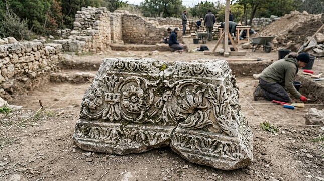 Archaeologists excavating ancient ruins site