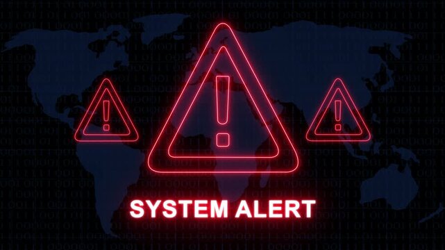 Critical system alert warning sign with glowing red neon triangles and digital map background, for cybersecurity breach, network failure, data, privacy threat, and, global information technology 