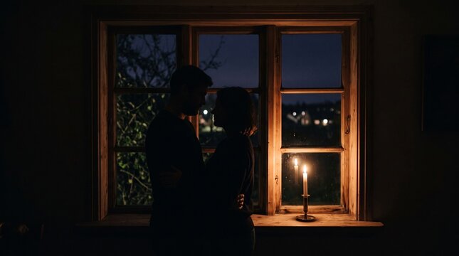 Couple Embracing Silhouetted Against Candlelit Window at Night with Distant Village Lights