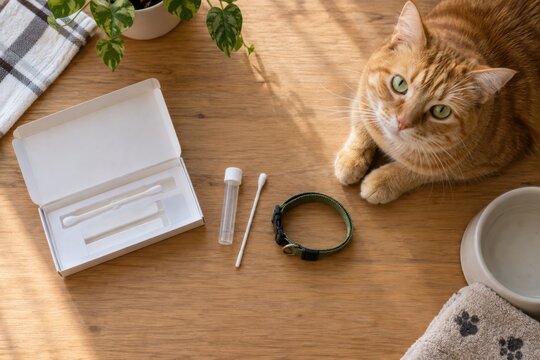 Orange cat sitting by DNA test kit and collar