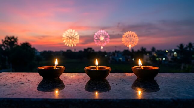 Three clay oil lamps on marble surface with sunset fireworks