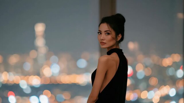 Intimate window portrait of a woman in a backless black dress with warm city bokeh for fashion background or editorial style banner