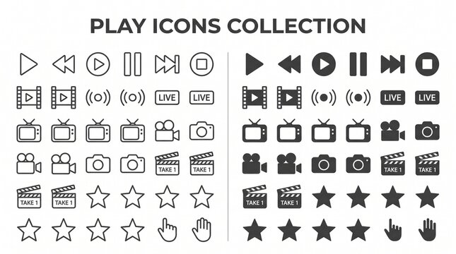 Comprehensive set of media play icons showing black outline and solid shapes for digital interfaces